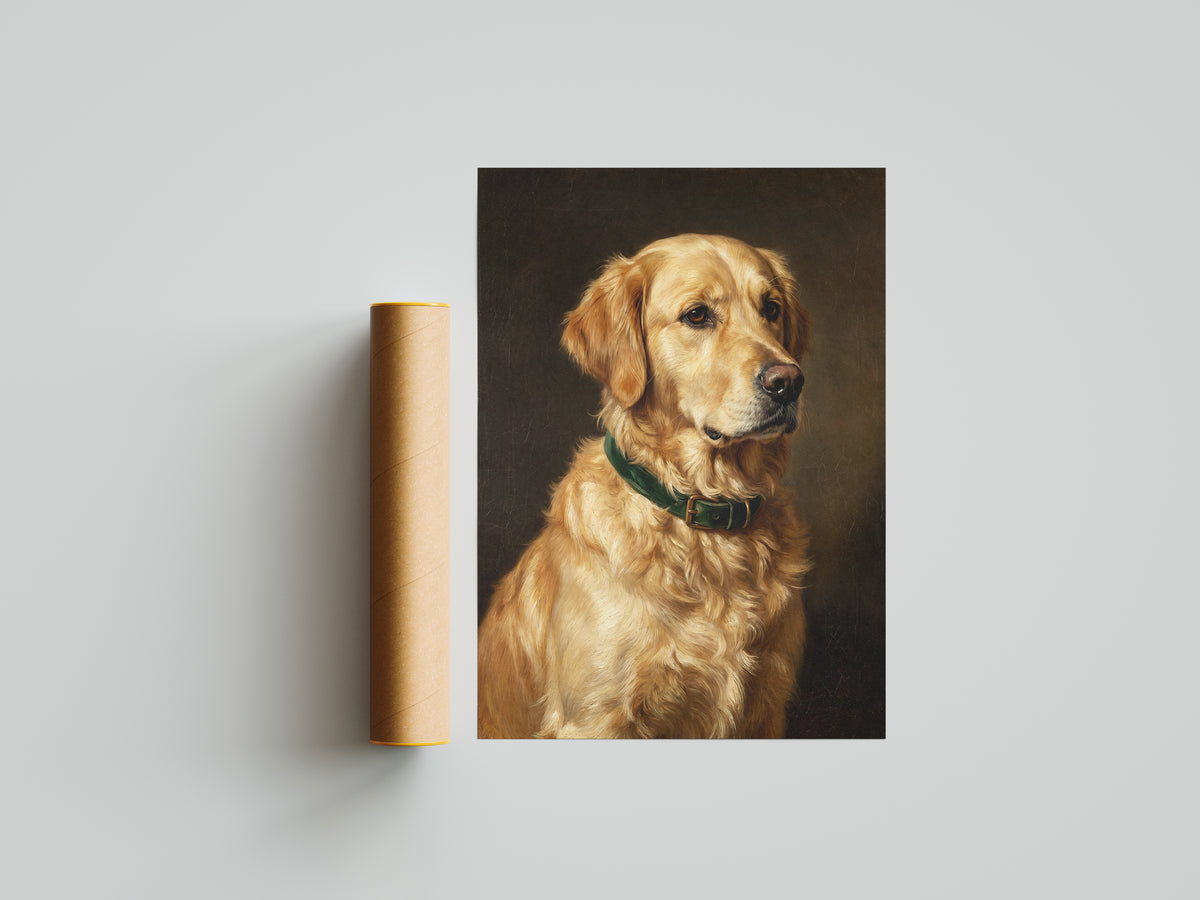 Golden Retriever Oil Painting Print Vintage Dog Portrait Wall Art Antique Print