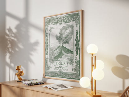 Vintage Sicily Italy Travel Poster - Antique Volcano Wall Art Print