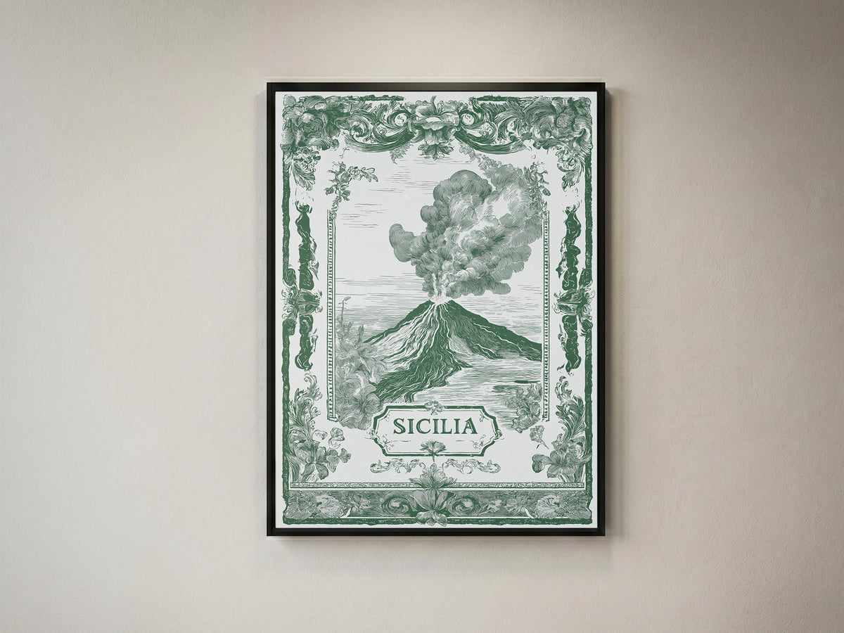 Vintage Sicily Italy Travel Poster - Antique Volcano Wall Art Print