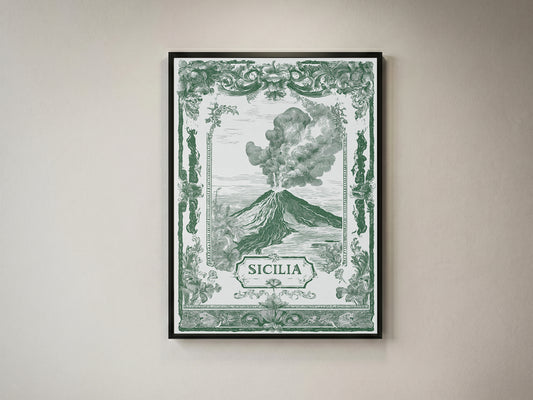 Vintage Sicily Italy Travel Poster - Antique Volcano Wall Art Print