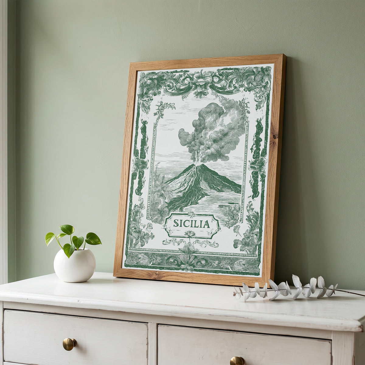 Vintage Sicily Italy Travel Poster - Antique Volcano Wall Art Print
