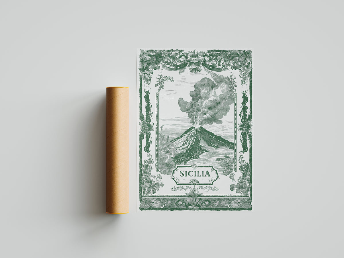 Vintage Sicily Italy Travel Poster - Antique Volcano Wall Art Print