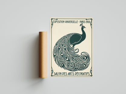 Vintage Paris 1900 Peacock Poster, Art Nouveau Exhibition Print