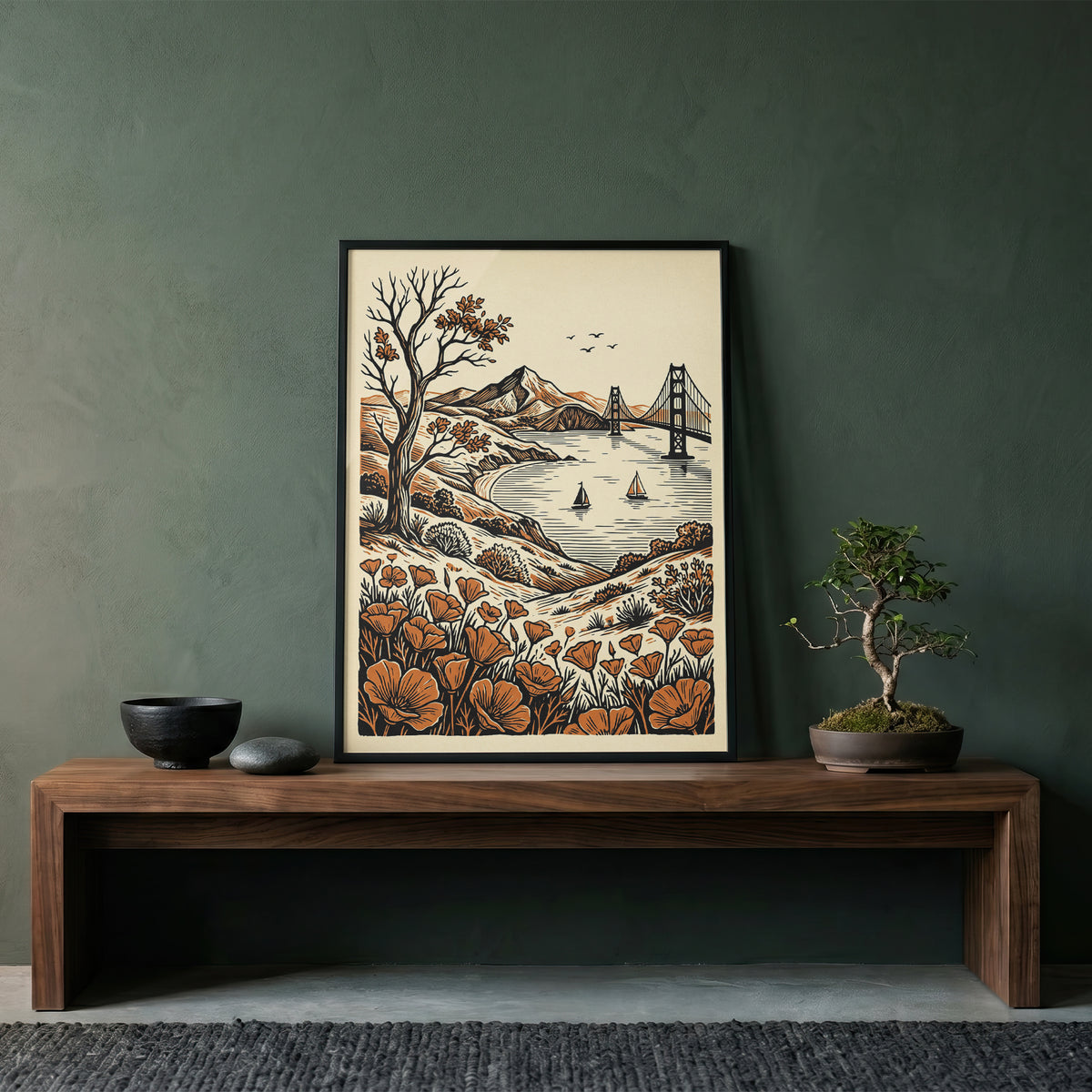 San Francisco Golden Gate Bridge Vintage Linocut Art Print