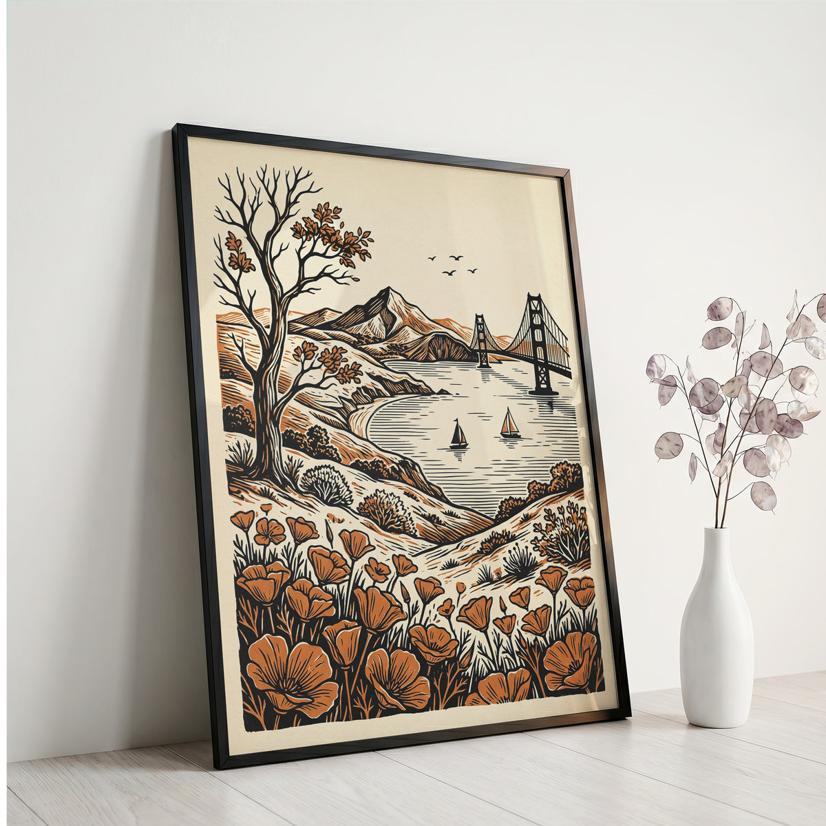 San Francisco Golden Gate Bridge Vintage Linocut Art Print