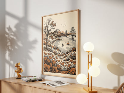 San Francisco Golden Gate Bridge Vintage Linocut Art Print