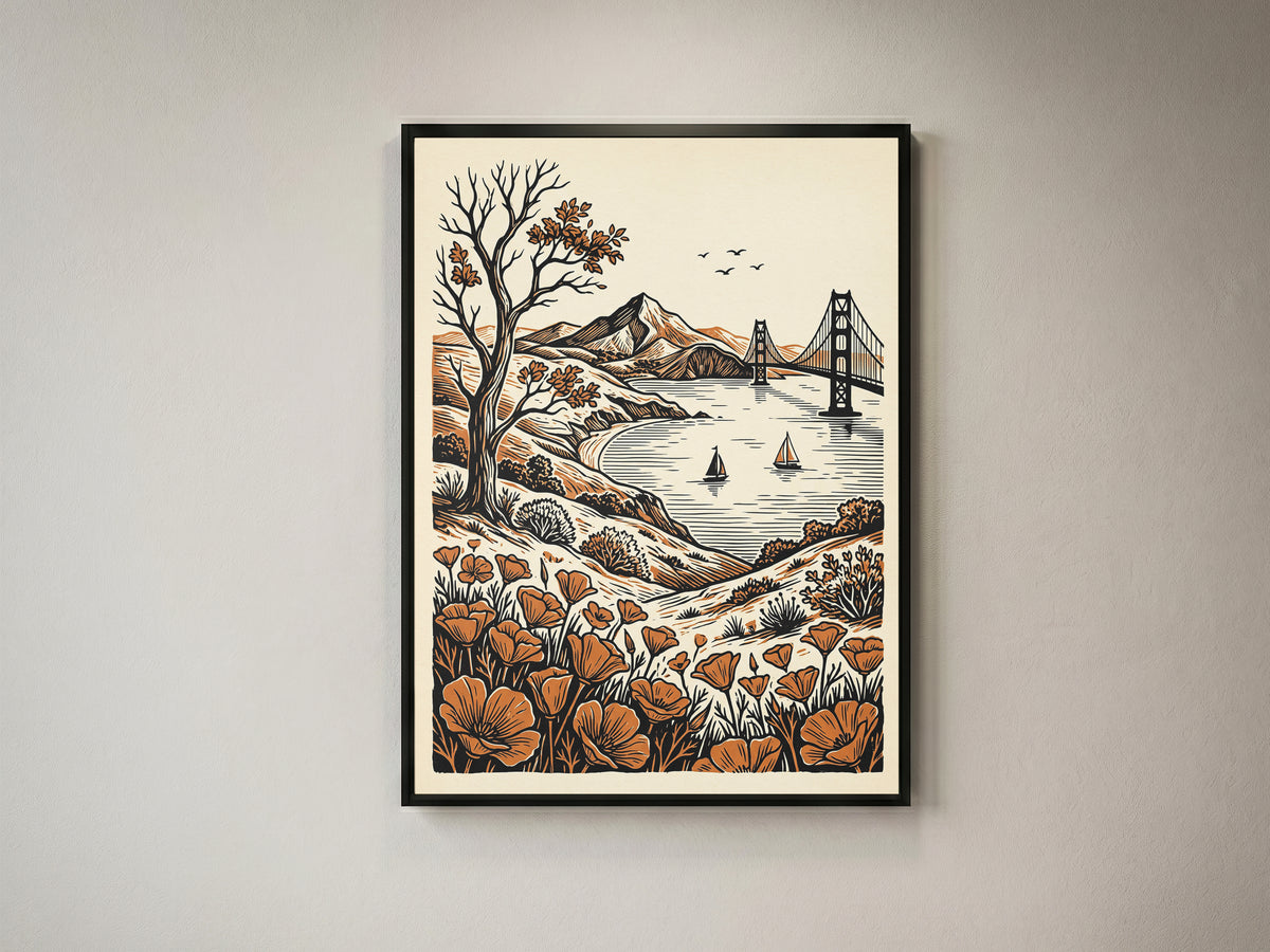 San Francisco Golden Gate Bridge Vintage Linocut Art Print