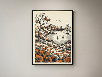 San Francisco Golden Gate Bridge Vintage Linocut Art Print