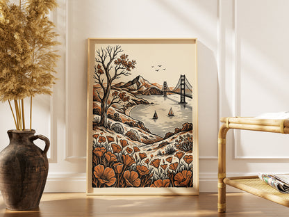 San Francisco Golden Gate Bridge Vintage Linocut Art Print