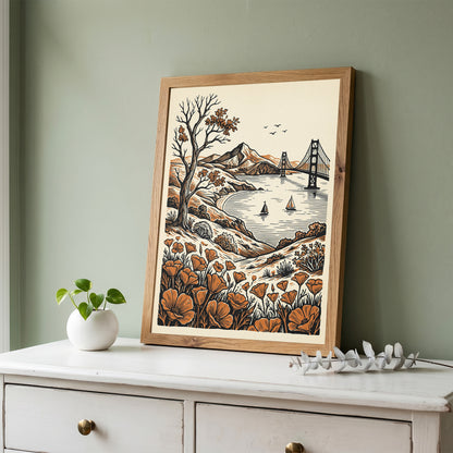 San Francisco Golden Gate Bridge Vintage Linocut Art Print