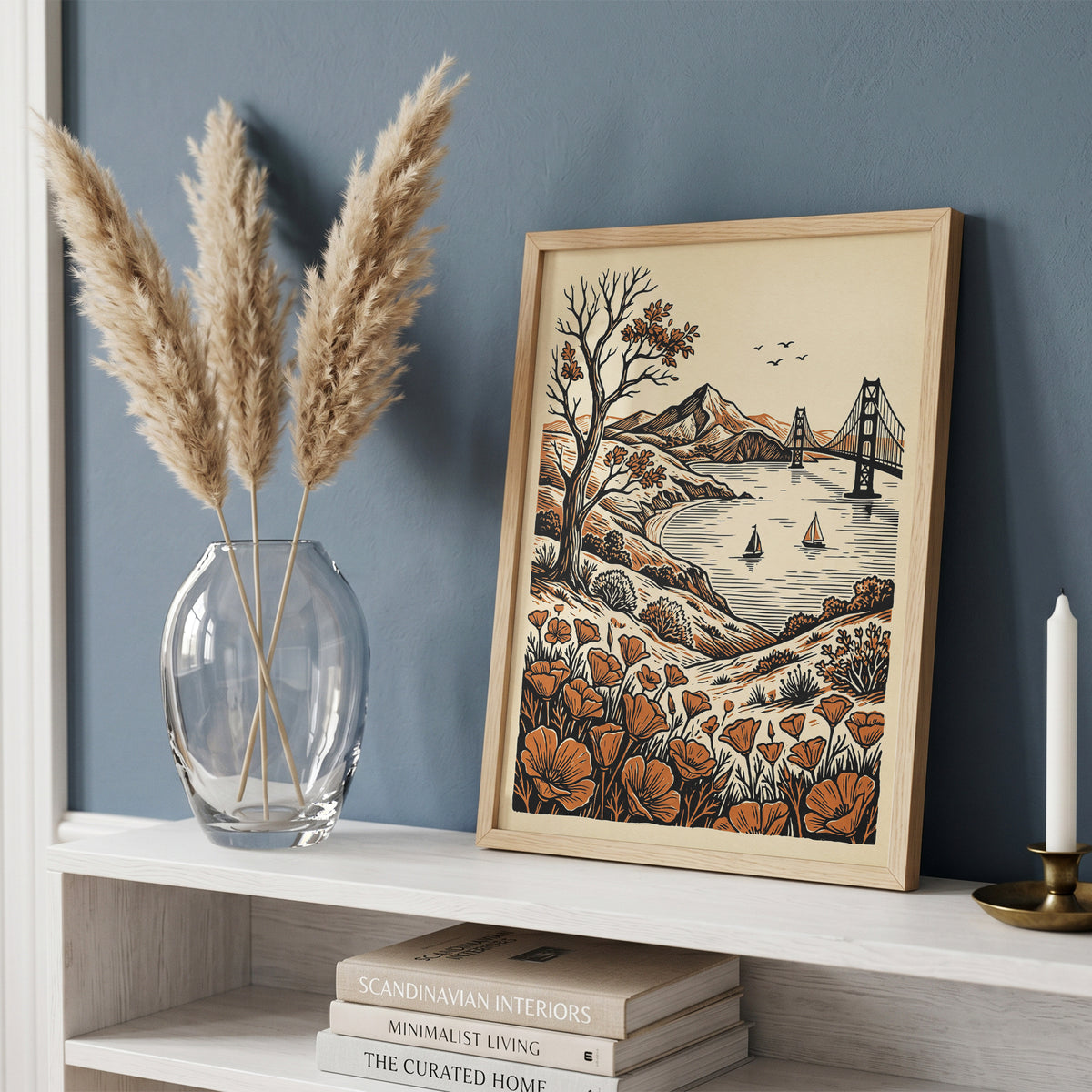 San Francisco Golden Gate Bridge Vintage Linocut Art Print