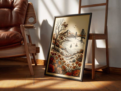 San Francisco Golden Gate Bridge Vintage Linocut Art Print