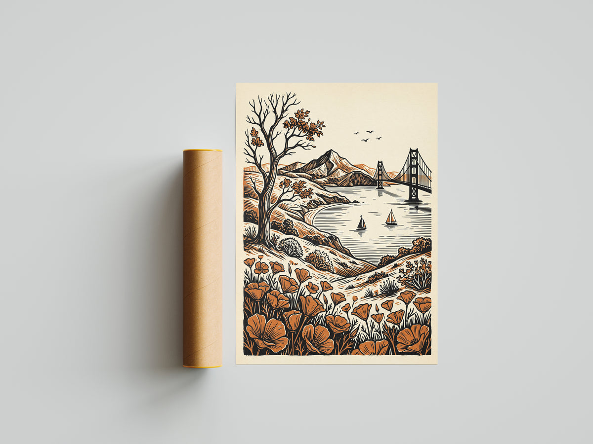 San Francisco Golden Gate Bridge Vintage Linocut Art Print