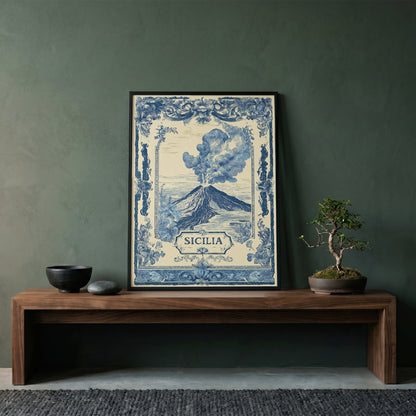 Sicilia Volcano Vintage Travel Poster Art Nouveau Wall Art Print