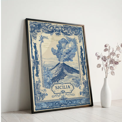Sicilia Volcano Vintage Travel Poster Art Nouveau Wall Art Print