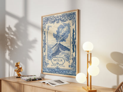 Sicilia Volcano Vintage Travel Poster Art Nouveau Wall Art Print