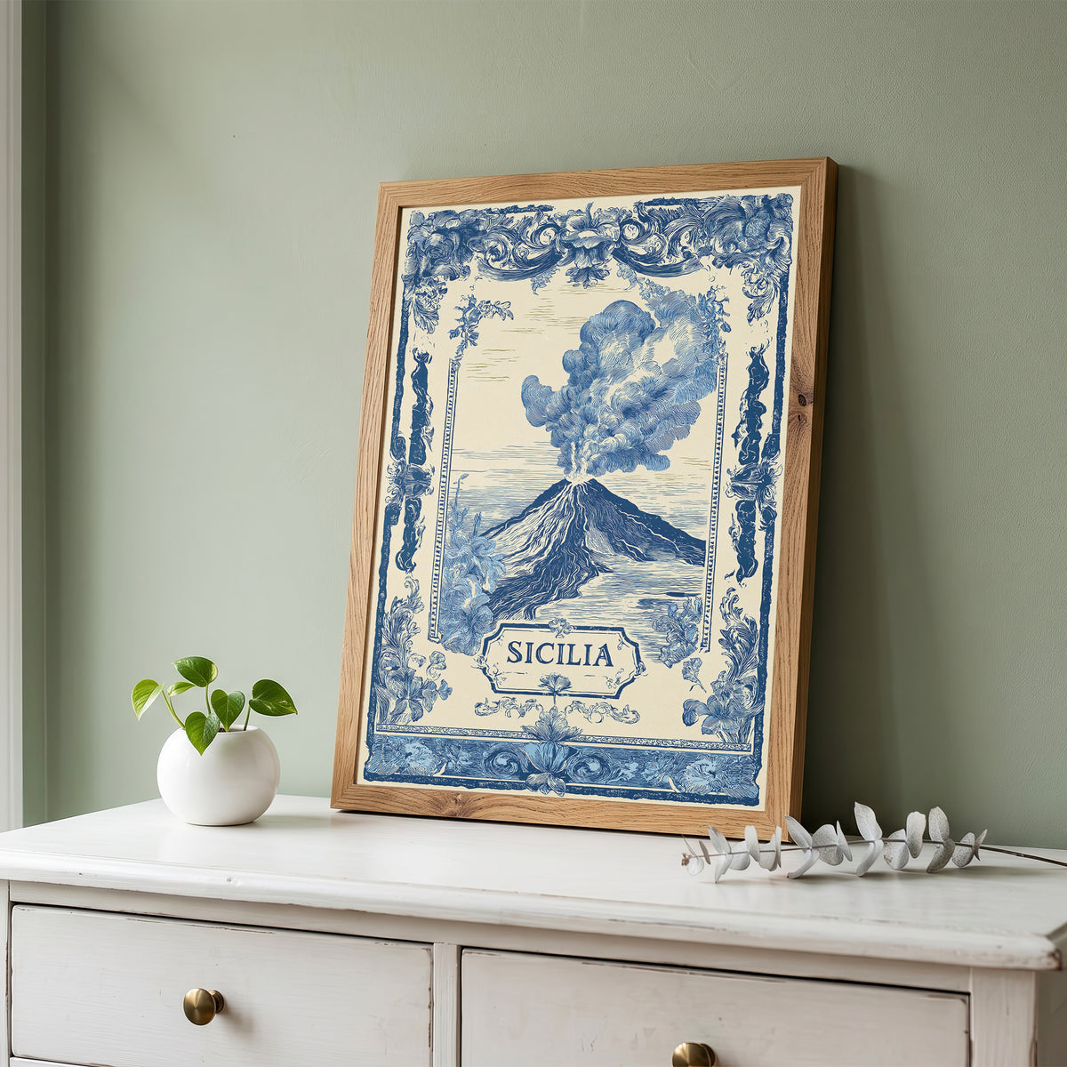 Sicilia Volcano Vintage Travel Poster Art Nouveau Wall Art Print