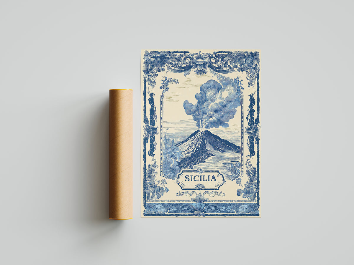 Sicilia Volcano Vintage Travel Poster Art Nouveau Wall Art Print
