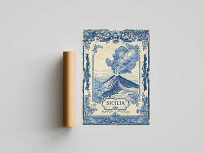 Sicilia Volcano Vintage Travel Poster Art Nouveau Wall Art Print