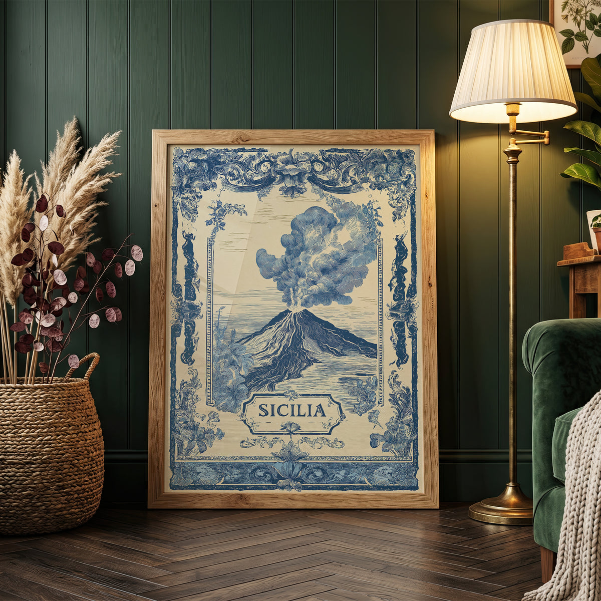 Sicilia Volcano Vintage Travel Poster Art Nouveau Wall Art Print