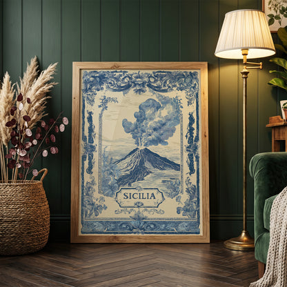 Sicilia Volcano Vintage Travel Poster Art Nouveau Wall Art Print