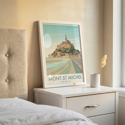 Mont Saint-Michel France Travel Poster, Vintage Normandy Coastal Abbey Wall Art