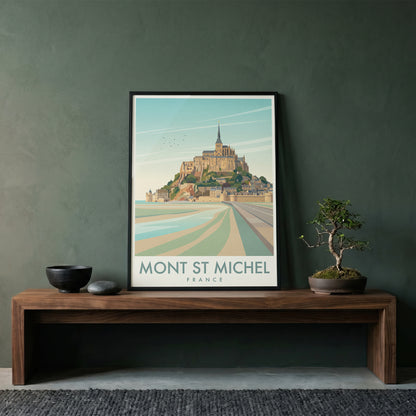 Mont Saint-Michel France Travel Poster, Vintage Normandy Coastal Abbey Wall Art