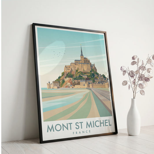 Mont Saint-Michel France Travel Poster, Vintage Normandy Coastal Abbey Wall Art