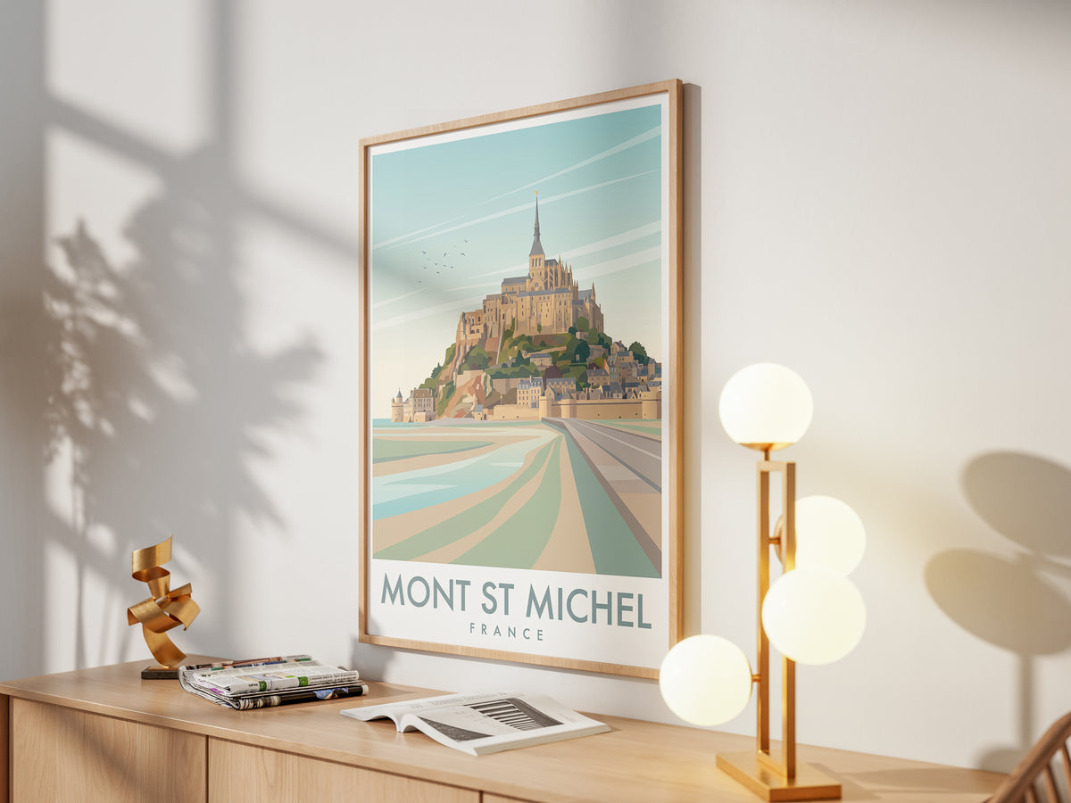Mont Saint-Michel France Travel Poster, Vintage Normandy Coastal Abbey Wall Art