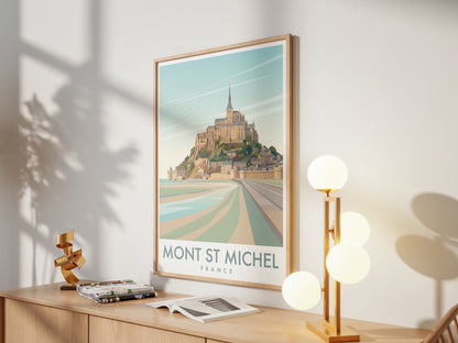 Mont Saint-Michel France Travel Poster, Vintage Normandy Coastal Abbey Wall Art