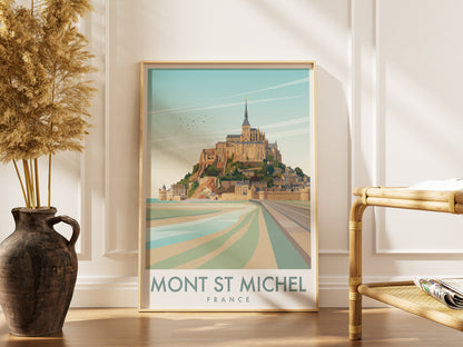 Mont Saint-Michel France Travel Poster, Vintage Normandy Coastal Abbey Wall Art
