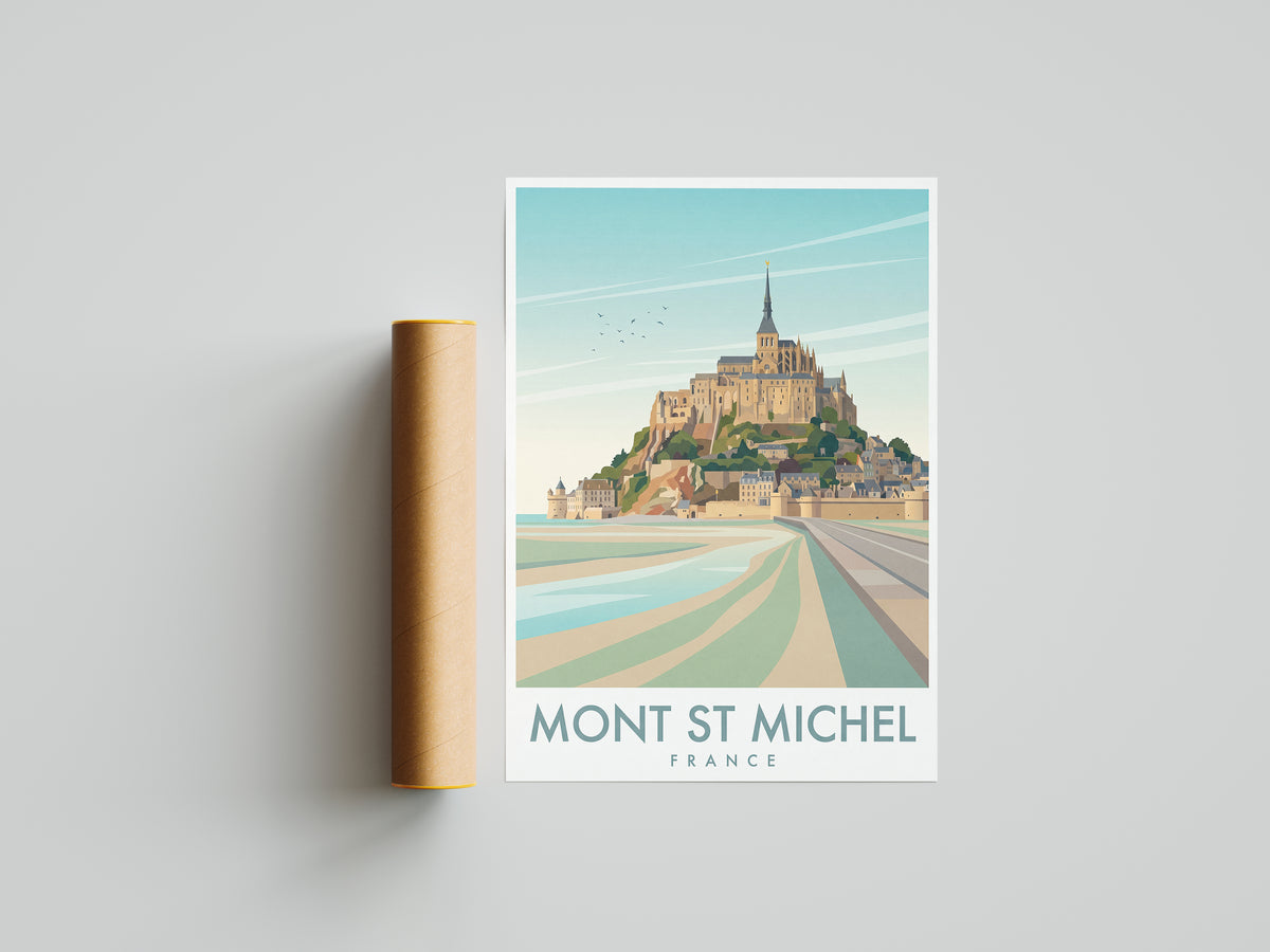 Mont Saint-Michel France Travel Poster, Vintage Normandy Coastal Abbey Wall Art